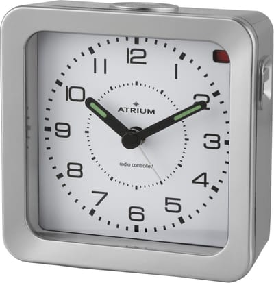 ATRIUM - Wekker - Analoog - Radiogestuurd - Alarm - Zilver - Licht - Verlichte wijzers - Blauwe Displayverlichting - Opbouwend Alarmsignaal - Snooze - Duidelijk - Vierkant - Quartz uurwerk - Wekkers Slaapkamer - Klok - A660-19