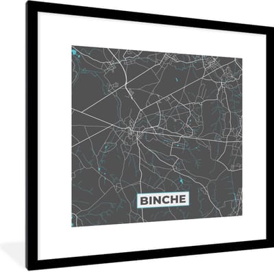 Fotolijst incl. Poster - Plattegrond – Binche – Blauw – Stadskaart - Kaart - 40x40 cm - Posterlijst