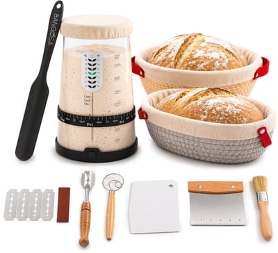 Bangosa Zuurdesem Starter Set en Broodbak Set – Rijsmand Ovaal en Rond - Complete Set met Machinewasbare Rijsmand, Deegmes & Fermentatiepot – Voor Thuisbakker