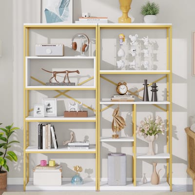 Zubaliya Boekenkast - 160x29.5x180 cm goud/wit - stalen frame & MDF - X-versteviging - modern minimalistisch