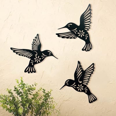 3 Stuks Metalen Kolibrie Wanddecoratie Uitgehold IJzeren Vogelsculptuur Waterdichte Wandhangende Figuurtjes voor zwart