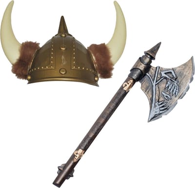 Funny Fashion Viking verkleedkleding set - 2 delig - heren - vikinghelm met hoorns - hakbijl van 68 cm - Noormannen