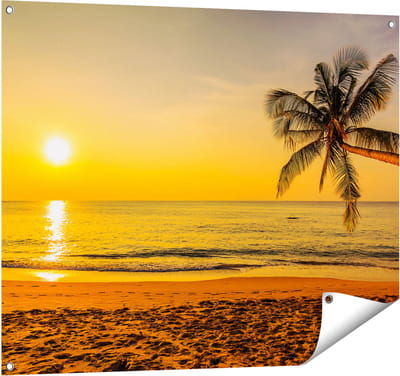 Gards Tuinposter Tropisch Strand tijdens Zonsondergang - 100x80 cm - Tuindoek - Tuindecoratie - Wanddecoratie buiten - Tuinschilderij