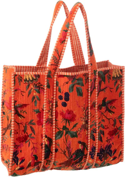 J-Line tas Vogels/Bloemen - katoen/fluweel - oranje