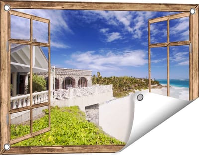 Gards Tuinposter Doorkijk Het Strandhuis - 60x40 cm - Tuindoek - Tuindecoratie - Wanddecoratie buiten - Tuinschilderij