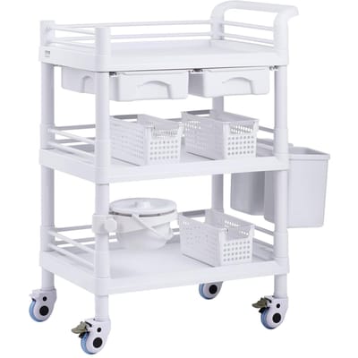Chariots de laboratoire à 3 niveaux Chariot médical mobile avec 3 plateaux et 3 poubelles Blanc