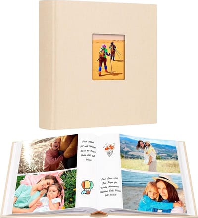 Fotoalbum met 240 vakken - Fotoboek Linnen - Foto's Opbergen - Met Schrijfruimte - 26x25x4.5 cm - Kaki