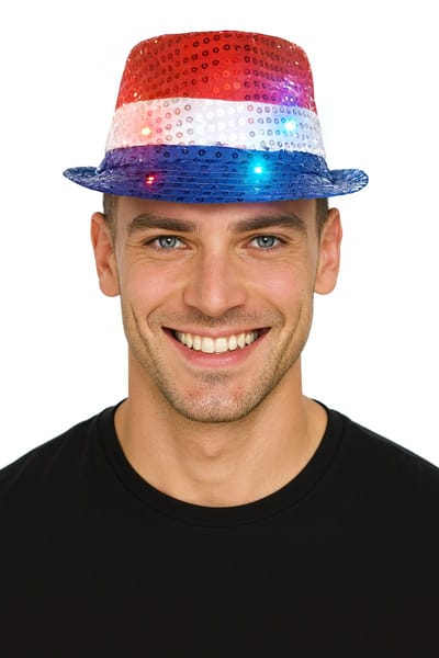 Partychimp Glitter Hoed met LED Licht Carnaval Accessoires voor bij Carnavalskleding Dames Carnavalskleding Heren Verkleedkleren Volwassenen Glitter en Glamour Hoedje Pailetten Nederlandse Vlag - Polyester - Rood/Wit/Blauw - Incl. Batterijen