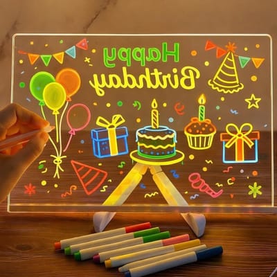 Acryl schrijfboard met LED verlichting, 7 kleurpotloden, verstelbare standaard en uitwisbaar notitieblok (30 x 20 cm)