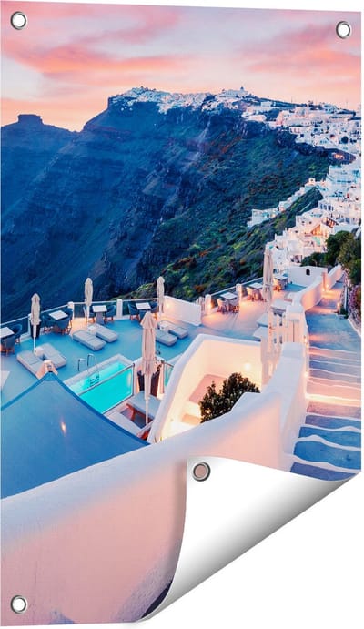 Gards Tuinposter Luxe Huisjes aan de Kust in Fira, Griekenland - 40x60 cm - Tuindoek - Tuindecoratie - Wanddecoratie buiten - Tuinschilderij