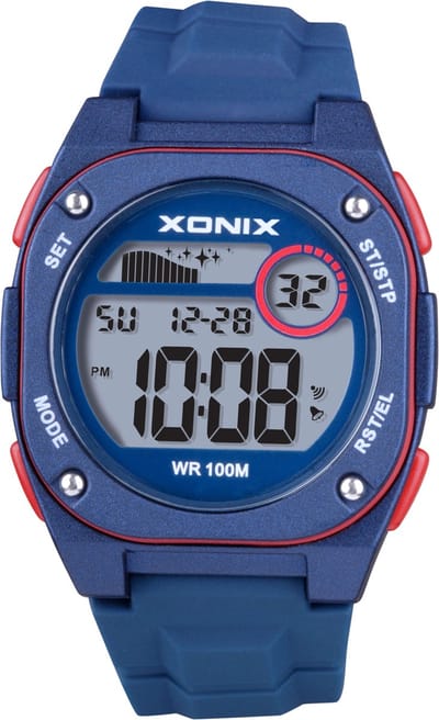 Xonix BBM-005 - Horloge - Polshorloge - Digitaal - Heren - Mannen - Overig - Siliconen band - ABS/Kunst - Achtergrondverlichting - Alarm - Start/Stop - Tweede tijdzone - Datumaanduiding - Waterdicht - DonkerBlauw - Rood
