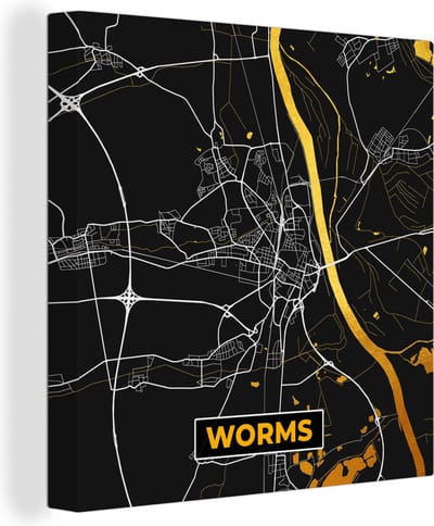 Canvas Schilderij Stadskaart – Kaart – Worms – Gold – Duitsland – Plattegrond - 20x20 cm - Wanddecoratie