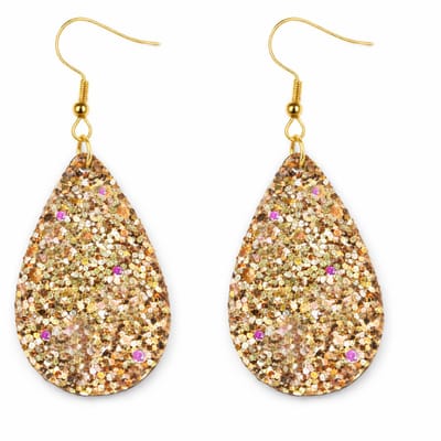 Stalen gold plated goudkleurige damesoorbellen met goudkleurige druppelvormige kunststof hanger met glitters lichtgewicht