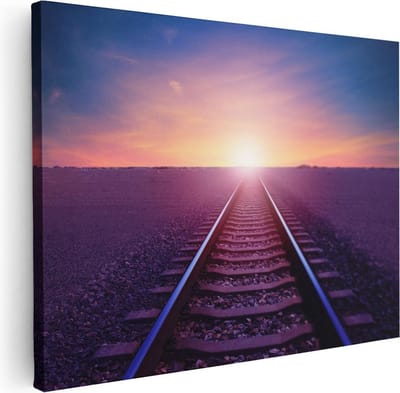 Artaza Canvas Schilderij Zonsondergang - 40x30 cm - Klein - Wanddecoratie Landschap - Muurdecoratie Natuur - Kamer Accessoires Spoorweg