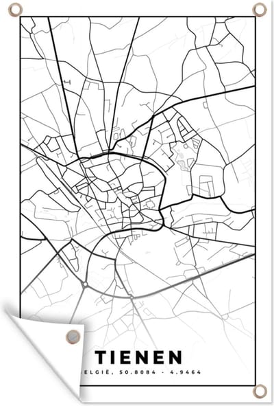 Muurdecoratie België – Tienen – Stadskaart – Kaart – Zwart Wit – Plattegrond - 120x180 cm - Tuinposter - Tuindoek