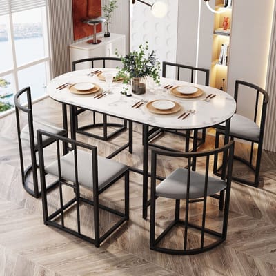 Merax Sechs-Stuhl Esstischset:(Weißer Tisch, Stühle mit Rückenlehnen und grauen Polstern, Schwarzfarbenes Eisengestell),Esszimmertisch und Stuhlset,Moderne Esstischkombination(previous sku:308399408AA)