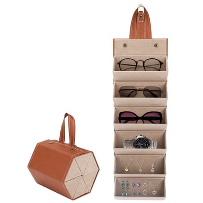 6-Slot Brillenkokers - Zonnebril Opbergdoos - Opvouwbare brillendoos - PU Lederen Opbergtas met Opknoping Display - Brillentas - voor Glazen Opslag of andere kleine items - Bruin
