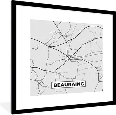Fotolijst incl. Poster Zwart Wit- België – Beauraing – Stadskaart – Kaart – Zwart Wit – Plattegrond - 40x40 cm - Posterlijst