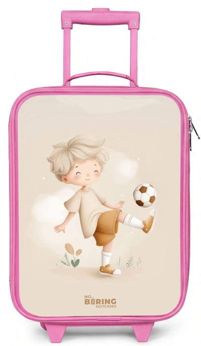 NoBoringSuitcases.com® - Kinderkoffer roze - Kindertrolley meisje - Jongen met een voetbal in beige kleuren - Koffer kind lichtgewicht - Reiskoffer trolley voor kinderen - Koffertje met lichtgevende wieltjes - Rolkoffer