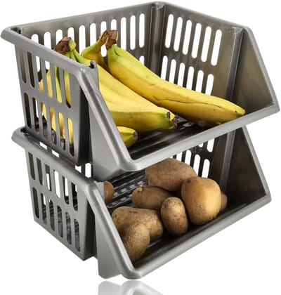 Groentemand 2 Stuks Grijs – Opbergmand voor Groente en Fruit – Fruitmand Keuken – Mandenrek Aardappelen Uien – Keukenrek met Manden – Aanrecht Organizer – Grijze Opbergmand Voorraadkast