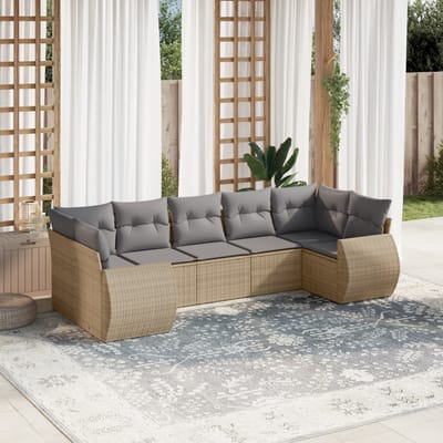 vidaXL - 7-delige - Loungeset - met - kussens - poly - rattan - beige