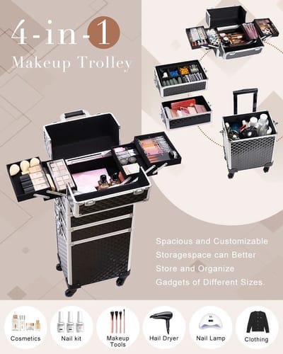 Grote Capaciteit 4in1 Make-Up Trolley Koffer ZWART 34x25x95.5cm Hoog- Cosmetica Rolkoffer & Stille Wielen- Multifunctioneel Beauty Case 8 Afsluitbare Sloten- Make-up Treinkoffer- Kappers & Reizen- Beautykoffer Deluxe Waterdicht 3Verstelbaar Trekstang