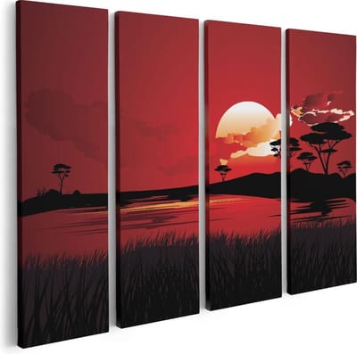 Artaza Canvas Schilderij Vierluik Rode Zonsondergang In De Savanne - Abstract - 80x60 - Foto Op Canvas - Canvas Print