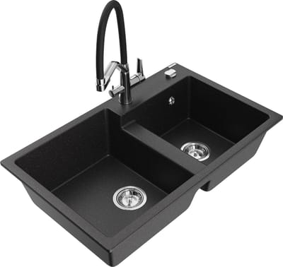 Mexen Tomas granieten gootsteen 2-kamer met keukenmengkraan Duo, zwart/zilver metallic - 6516-73-671701-07