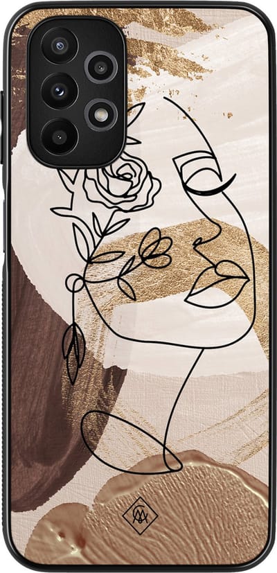 Casimoda® hoesje - Geschikt voor Samsung Galaxy A13 4G - Abstract Gezicht Bruin - Zwart TPU Backcover - Geometrisch patroon - Bruin/beige