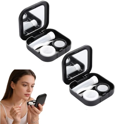 2 stuks - zwarte vierkante contactlenshouder - Draagbare reiscontactlenshouder - Inclusief pincet, tip en flesje lenzenvloeistof - Ontwerp met linker- en rechterdeksel - 6,8*6,8*2,2 cm