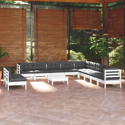 vidaXL - 12-delige - Loungeset - met - kussens - massief - grenenhout - wit