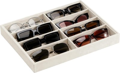 Zonnebrillenorganizer met fluwelen lade - Opbergdoos met 8 vakken voor brillen, geschikt voor in een lade of als display - 33,8 x 24,4 x 3,8 cm
