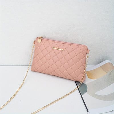 Élégant Sac Bandoulière Matelassé avec Chaîne Dorée en Matière PU, Fermeture Éclair et Bandoulière Amovible - Parfait pour le Style Urbain 1PC rose