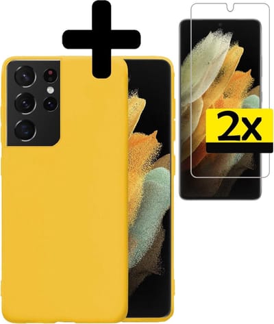 Hoesje - Met 2x Screenprotector - Geschikt voor Samsung Galaxy S21 Ultra - Sterk & Shockproof - Back Cover - Siliconen Case - Telefoon Hoes - Telefoonhoesjes - Geel