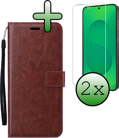 Hoesje Met 2x Screenprotector - Geschikt voor Samsung Galaxy S25 - Luxe Pasjeshouder - Bookcase Portemonee - Flip Case - Kunstleer Book Case - Flipcase Hoes - Book Cover - Walletcase - Portemonneehoes - Bruin