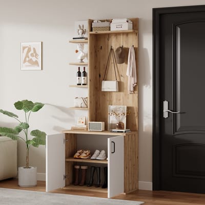 HAUSS SPOLE Kapstokkast - Halmeubel Met 6 Open Planken En 1 Gesloten Schoenenkast - Voor Entree En Gang - Spaanplaat - 75x33x180 Cm - Houtkleur/Wit