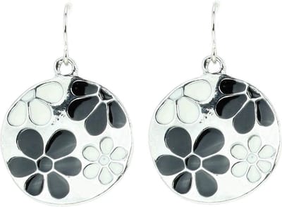 Behave - Oorbellen dames rond bloemmotief - zwart wit retro stijl