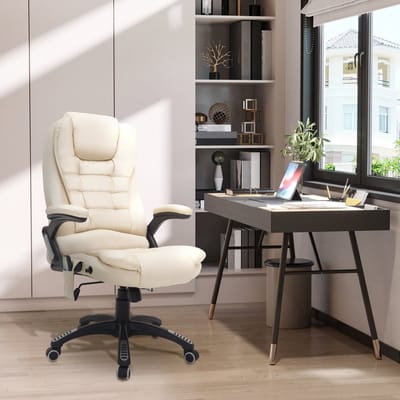 OKWISH Bureaustoel - Ergonomische Massagestoel - 6 Trilmassagepunten Met Warmte - Voor Kantoor En Thuis - Kunstleer - Beige