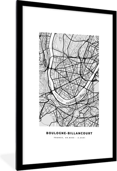 Fotolijst incl. Poster - Plattegrond - Boulogne-Billancourt - Stadskaart - Kaart - Frankrijk - 60x90 cm - Posterlijst