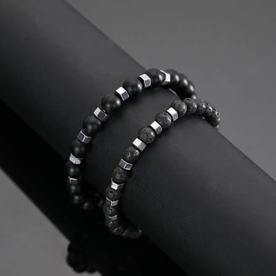Nieuw In Mat Zwart Kralen Vulkanisch Steen Heren Armband Set Dubbele Laag Natuursteen Kralen Armbanden Cadeaus black