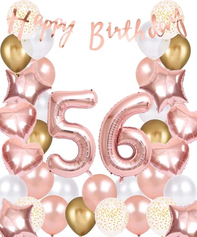 Snoes Ballonnen 56 Jaar Rose Gold White Dots - Compleet Feestpakket met cijfer ballon 56 jaar - Verjaardag Versiering Slinger Happy Birthday – Folieballon – Latex Ballonnen - Helium Ballonnen - Rose Feestpakket