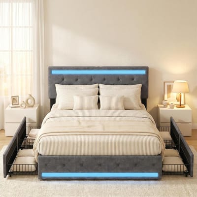 Tweepersoonsbed 160x200 cm met Lattenbodem, Gestoffeerd en Opbergruimte met LED