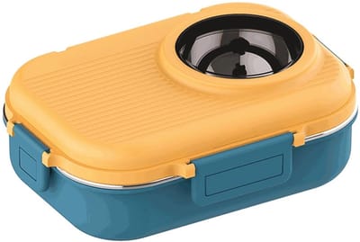 SnelShoppen - Geïsoleerde Bento Box Lunchbox 1100ml Dubbele Laag Anti-Lek Deksels Draagbare Voedselcontainer RVS 304 (Blauw en Geel)