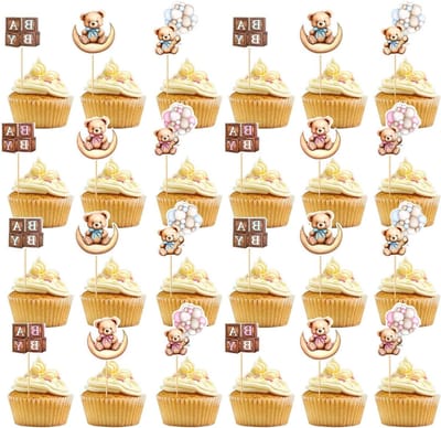 24 Stuks Blauw Roze Beer Taarttoppers voor Geslacht Onthullen Baby Shower – Cupcake Decoraties Benodigdheden