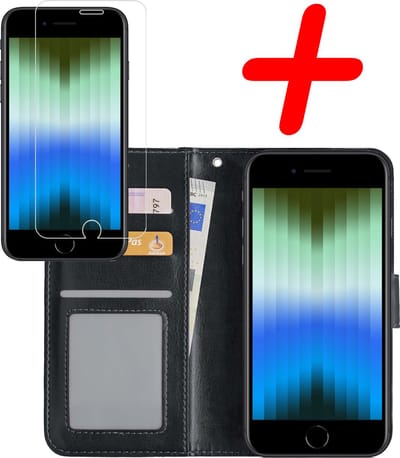 Hoesje Met Screenprotector - Geschikt voor Apple iPhone SE (2022) - Luxe Pasjeshouder - Bookcase Portemonee - Flip Case - Kunstleer Book Case - Flipcase - Book Cover - Walletcase - Portemonneehoes - Zwart