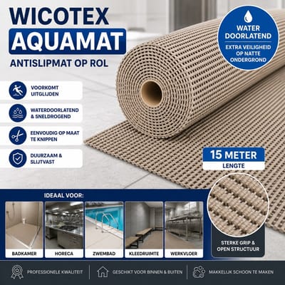 Wicotex - Aquamat Antislipmat op Rol – 15 meter – Waterdoorlatende Vloermat – Op Maat te Knippen – Voor Badkamer, Horeca, Keuken en Zwembad - Kleur Taupe
