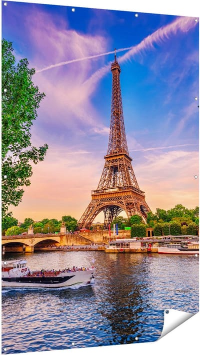 Gards Tuinposter Eiffeltoren in Parijs aan het Water - Kleur - 120x180 cm - Tuindoek - Tuindecoratie - Wanddecoratie buiten - Tuinschilderij