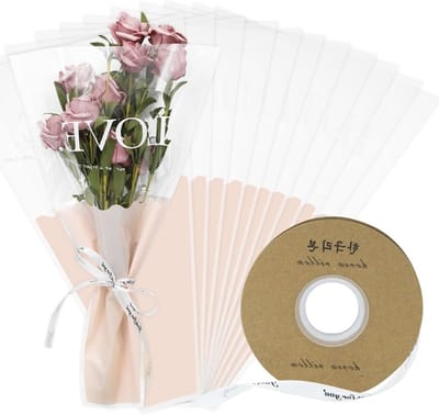 Rozen Sleeves voor Bloemen, 50 Stuks Individuele Boeketten, Plastic Zakjes met Roze Hartjes voor Bruiloft, Verjaardag en Valentijnsdag