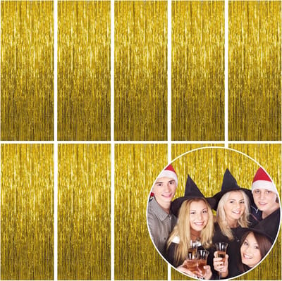 Tien vergulde gordijnen van metaalfolie met kwastjes kunnen worden gebruikt als achtergrond voor foto's bij verschillende gelegenheden, zoals verjaardagen, bruiloften, verlovingen, babyshowers, vrijgezellenfeesten, Kerstmis en feestdagen.