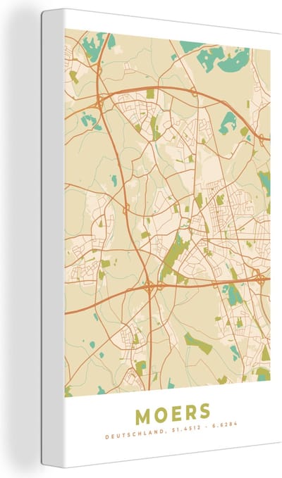 Canvas Schilderij Moers - Plattegrond - Vintage - Kaart - Stadskaart - 20x30 cm - Wanddecoratie